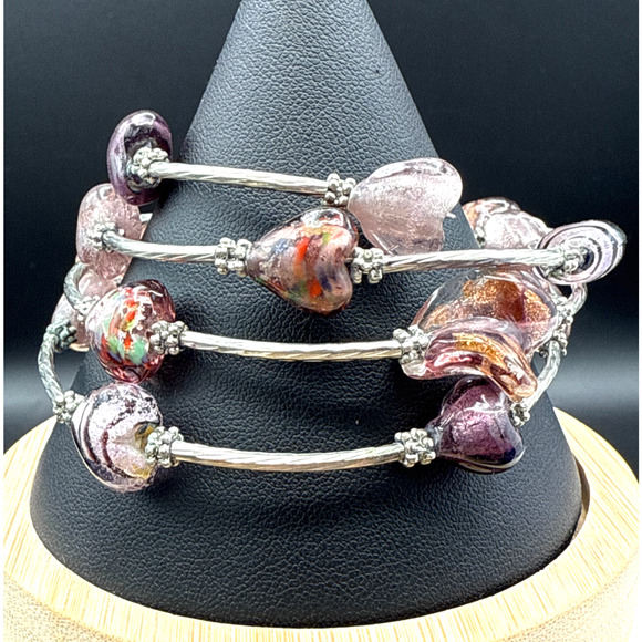 Art Glass Bracelet Wire Wrap Purple Heart Glass Bead Silver Tone Boho Bangle - Picture 1 of 6